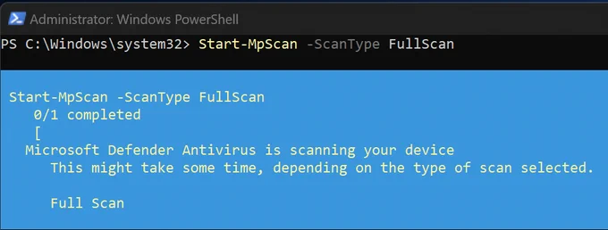 Example of FullScan command running under Windows 11 22H2