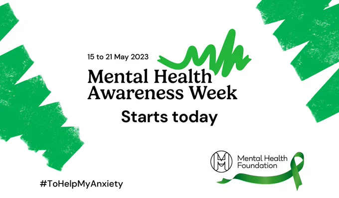 Graphic saying Mental Health Awareness Week starts today, with the Mental Health Foundation logo and some abstract green lines at the edges of the frame.