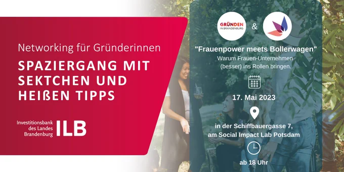 Flyer der Veranstaltung mit wichtigen Informationen transparent auf einem Foto von jungen, lachenden Frauen im Grünen. 
Text: Networking für Gründerinnen – Spaziergang mit Sektchen und heißen Tipps.