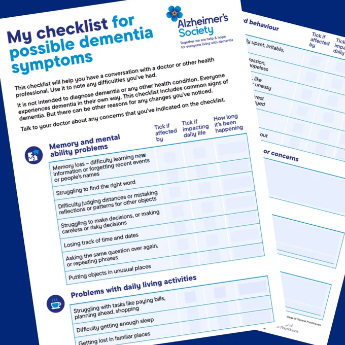 The printable version of the symptons checklist, listing common signs of dementia. 