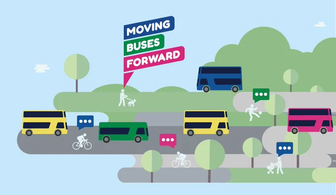 Graphic image showing illustration of buses, cyclist and pedestrians. Moving Buses Forward logo.