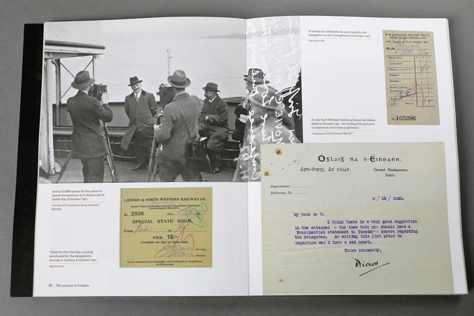 Double-page spread featuring various ephemera from the delegation and a photo of them onboard the ship that took them to the UK