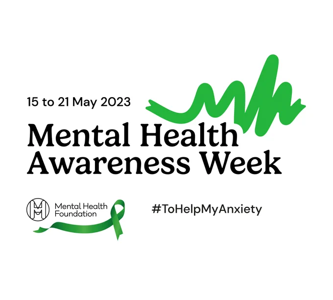 Text in image Mental Health Awareness Week with a green scribble logo #ToHelpMyAnxiety