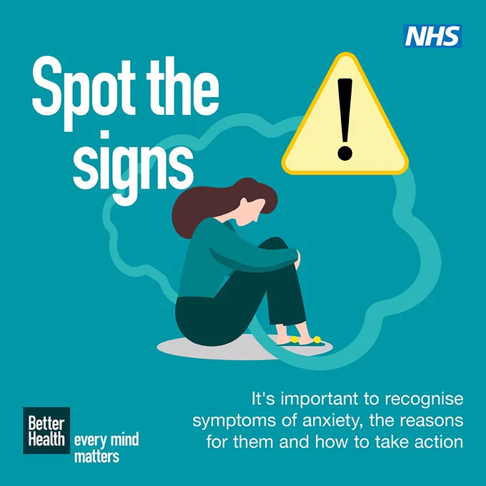 Illustration of woman say on the floor with her knees up, warning sign appearing above her head. Copy reads; Spot the signs. It's important to recognise symptoms of anxiety, the reasons behind them and how to take action