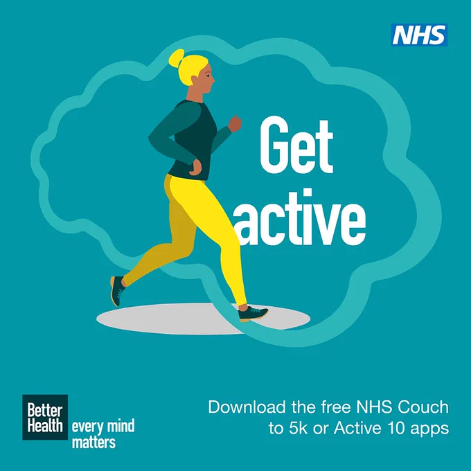 Illustration of a woman running. Copy reads; get active. Download the free NHS Couch to 5k or Active 10 apps