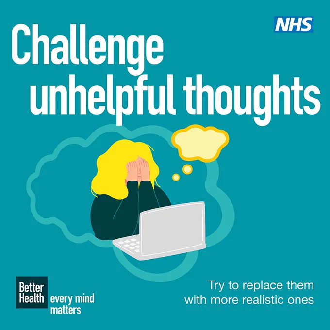 Illustration of woman sat at a laptop with her hands over her face. Copy reads; challenge unhelpful thoughts. Try to replace them with more realistic ones