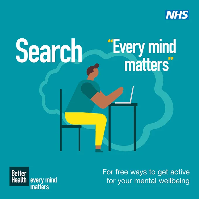 Illustration of a man sat at a desk with a laptop. Copy reads; search every mind matters for free ways to get active for your mental wellbeing