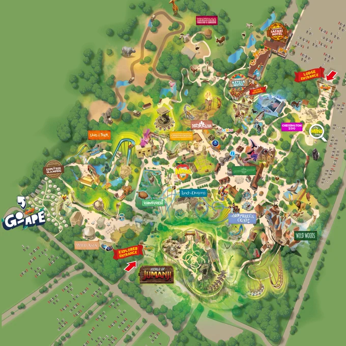 Chessington World of Adventures Resort map for 2023 with new Jumanji additions including Mandrill Mayhem, Mamba Strike and Ostrich Stampede. The map shows the Resort from above highlighting key animals and attractions.