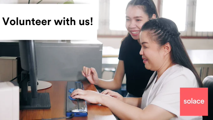 Image shows: Two women working at a computer. 
Text reads: Volunteer with us! 