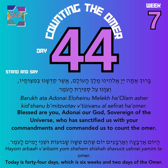 Counting the Omer. Day 44, week 7. Stand and say:
בָּרוּךְ אַתָּה יְיָ אֱלֹהֵֽינוּ מֶֽלֶךְ הָעוֹלָם, אֲשֶׁר קִדְּשָֽׁנוּ בְּמִצְוֹתָיו, וְצִוָּֽנוּ עַל סְפִירַת הָעֹֽמֶר.
Barukh ata Adonai Eloheinu Melekh ha’Olam asher kid’shanu b’mitzvotav v’tizivanu al sefirat ha’omer.
Blessed are you, Adonai our God, Sovereign of the Universe, who has sanctified us with your commandments and commanded us to count the omer.
הַיּוֹם אַרְבָּעָה וְאַרְבָּעִים יוֹם שֶׁהֵם שִׁשָּׁה שָׁבוּעוֹת וּשְׁנֵי יָמִים לָעֹֽמֶר.
Hayom arbaah v’arbaim yom shehem shishah shavuot ushnei yamim la-omer.
Today is forty-four days, which is six weeks and two days of the Omer.