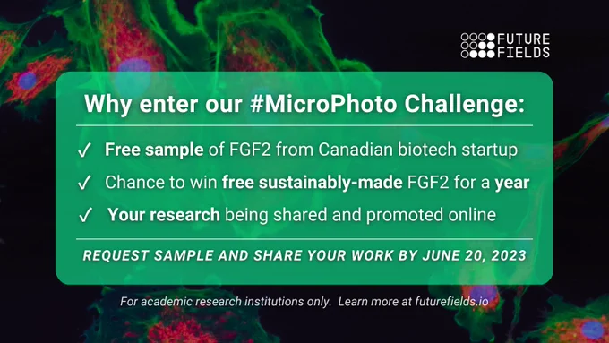 Information about Future Fields' Microscopy Challenge for free FGF2. A background photo of fluorescence cell images is overlaid with a green box and white text. 