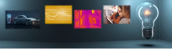 Images of an electric car, sinusoidal waves, a thermal image of a building, 2 women looking at a smart meter, and a lightbulb lit up
