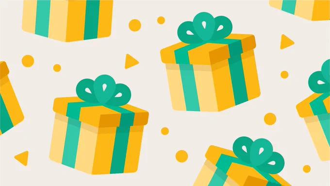 Tan background with illustration of green and gold presents