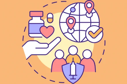 Decorative illustration of a hand holding a heart shape and a vial of pills, a globe with pin marks and three people shape figures holding a shield with a syringe as sigil