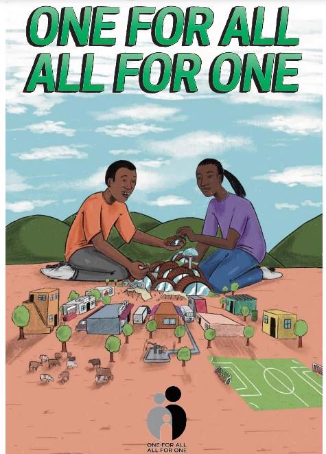 Cover of the comic book "One for al, all for one". Image showing a black boy and a black girl sitting next to a miniature city.