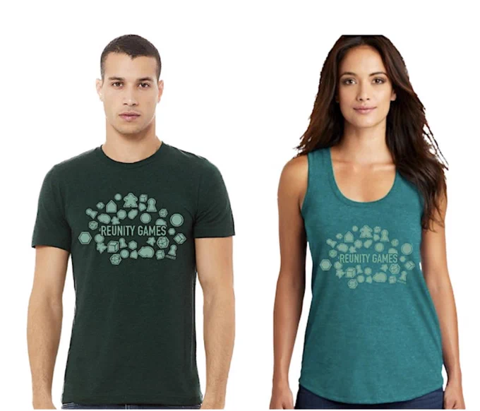 Two shirt models wearing this year's design. The shirts say ReUnity Games surround by game pieces. 