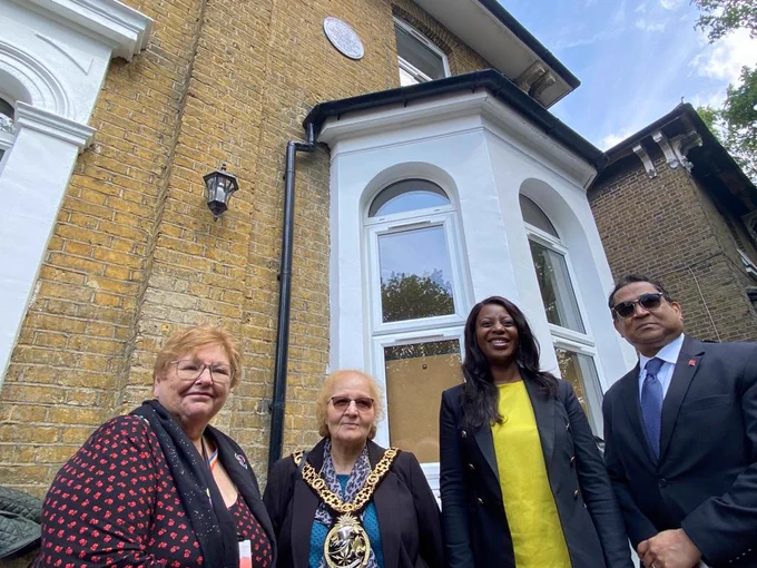 The pic is of the Mayor of Haringey, Cllr Gina Adamou, and Haringey Council's Cabinet Member for Children, Schools & Families, Cllr Zena Brabazon, with assembled guests at today's blue plaque unveiling to the world-renowned, Tottenham-based textile artist Althea McNish .