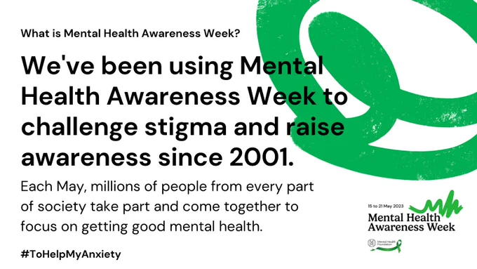 Text reading: What is Mental Health Awareness Week? We've been using the week to challenge stigma and raise awareness since 2001. Every May, millions of people from every part of society take part and come together to focus on getting good mental health.