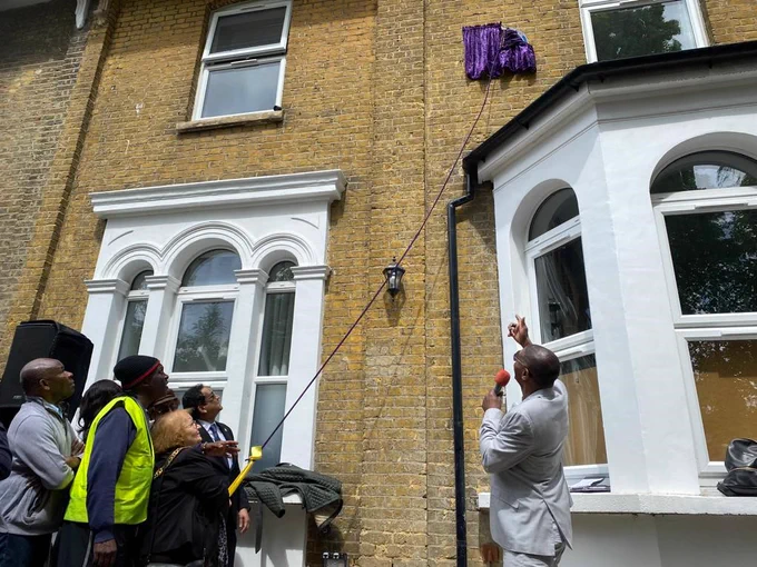 The pic is of the blue plaque unveiling for the world-renowned, Tottenham-based textile artist Althea McNish at her former home on West Green Road.