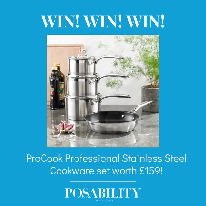 Image is on a blue background. It has a picture of 3 stainless steel pots and 1 frying pan on a kitchen counter. The white text reads Win! Win! Win! at the top and under the pictures it reads ProCook Professional Stainless Steel Cookware set worth £159! The PosAbility logo appears below in white.