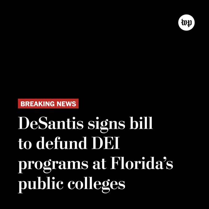 White bold text with black background reading: DeSantis signs bill to defund D-E-I programs at Florida's public colleges