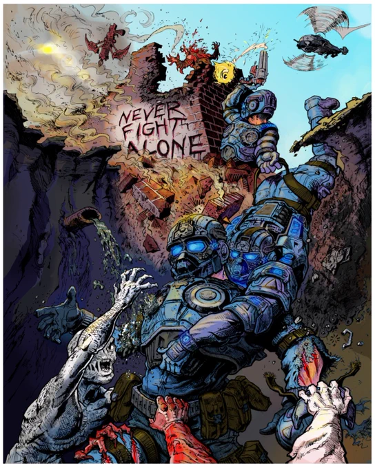 Drawing of a Gear falling into an E-Hole, Juvie's can be seen clawing at the Gear trying to drag him down. Two other Gears are working together to try and save the falling Gear. Writing on a building in the background reads: Never Fight Alone.