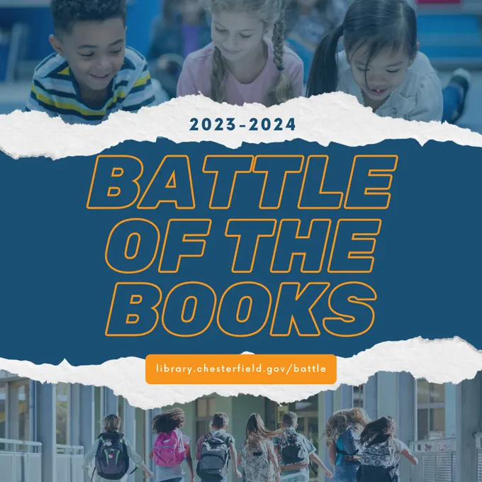 Elementary Readers read for the 2023-2024 Battle of the Books. Lower image - kids going down a hall