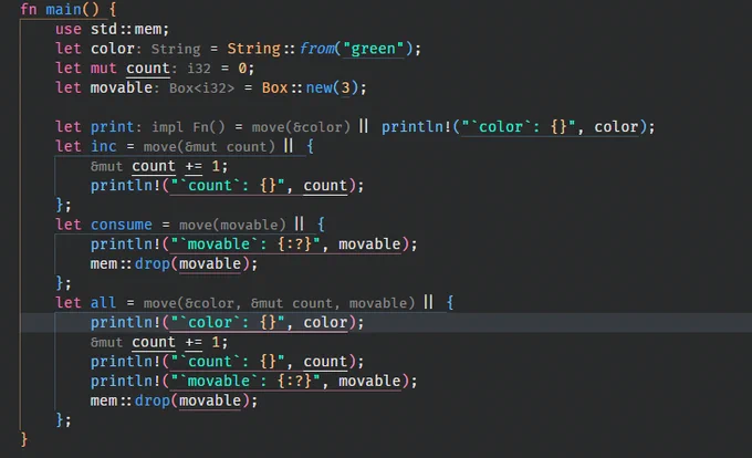 A screenshow showing capture hints, like move(&mut count) || { count  = 1; }