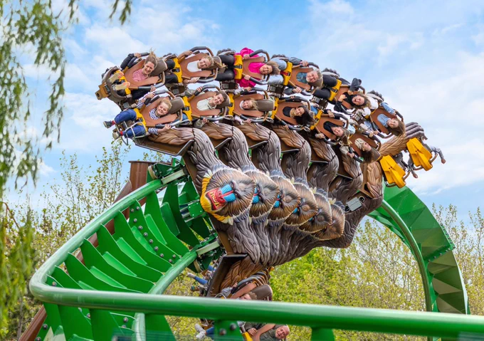 New rollercoaster, Mandrill Mayhem, with riders enjoying onboard.