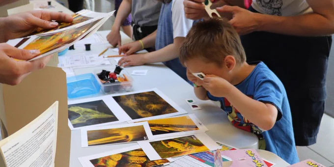 Young kid looking at images using red/green glasses. 