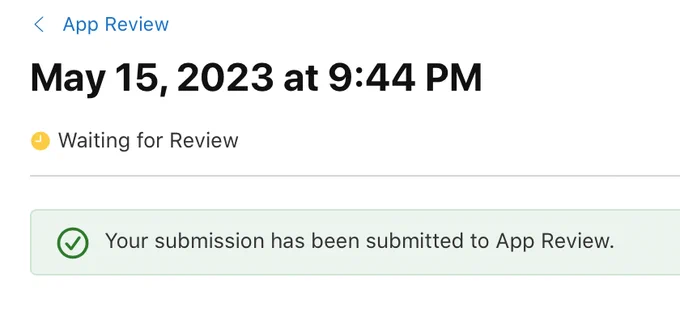 Partial screen grab showing acknolwedgement of an iOS moving into the “Waiting for Review” stage of release to the App Store