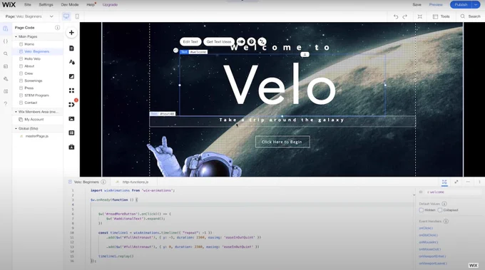 Screen capture of code on a Wix site in Dev Mode from the Wix Learn Lesson video: Work with page elements. 