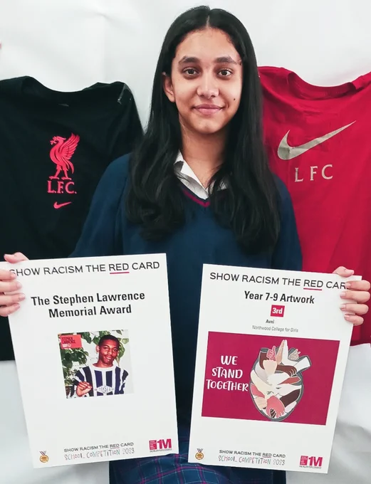Avni received 2 awards from Niamh Fahey (Liverpool FC's team captain), John Barnes (Former Liverpool and England player), Mark Edwards, Lexi Shaw, Kwasi Kramo (all SR RC sponsors). First award was Year 7-9 artwork, where Avni received a prize for 3rd position and the second award was "The Stephen Lawrence Memorial Award." Avni received a football, Liverpool and England t-shirts, books, magazines and other small gifts. Well done Avni.