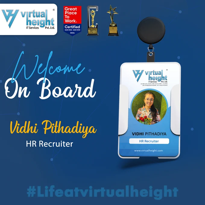 Welcome to the #VirtualHeight Tribe, Vidhi! 💐

We hope you will fuel our growing team with positivity and find your time with us rewarding.
.
.
.
#Welcome #NewJoining #EmployeeEngagement #Employees #Teammember #VHFamily #Ahmedabad #BestApplicationDevelopmentCompany #appandwebdevelopment #Blockchaindevelopment #WebDevelopment #Appdevelopment #gamedevelopment #appledevelopement #developmentcompany #itcompany #ahmedabadcompany #Indore #Indorecompany #VHITS #LifeAtVirtualHeight
