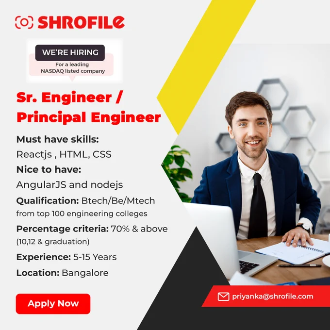 We’re hiring Sr. Engineer/Principal Engineer (5-15 years of experience) for a leading NASDAQ-listed Tech company.

Apply now ~ https://www.shrofile.com/apply-for-job.php?cmpn=6&joinsrc=twitter

Email id - priyanka@shrofile.com

Must have skills: Reactjs , HTML, CSS
Nice to have: AngularJS and nodejs
Qualification: Btech/Be/Mtech from top 100 engineering colleges
Percentage criteria: 70% & above (10,12 & graduation)
Experience: 5-15 Years
Location: Bangalore

#frontenddeveloper #frontenddeveloperjobs #ReactJS #reactjsdeveloper #html #htmlDeveloper #Redux #css #csscoder #job #hiringnow #hiring #Shrofile #recruiting #recruitment #executivesearch #jobsinbangalore #technology #techhirig #ui #uideveloper #angular


