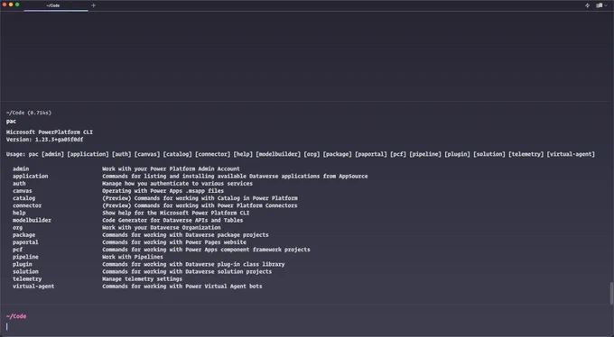 A view of a Warp terminal on MacOS with white letters and a grey gradient background that shows the 'pac' Power Platform CLI command with an overview of all the command groups that are available.