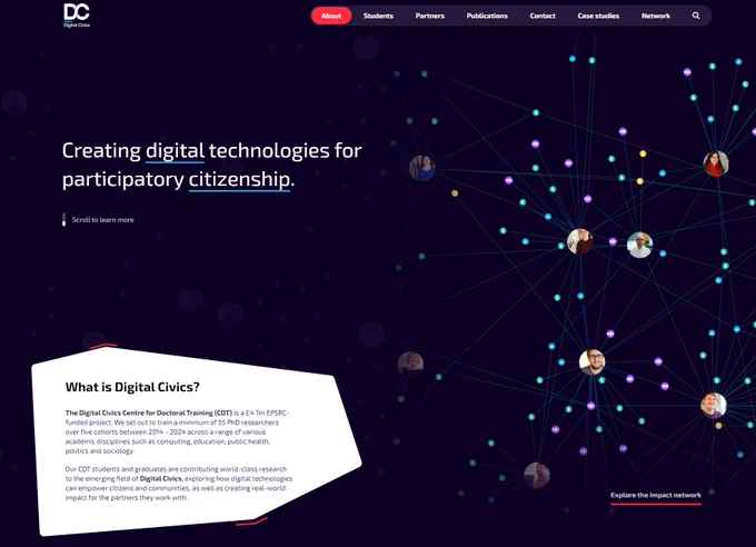 A photo of the website. On the left it says Creating digital technologies for participatory citizenship. There is a map on the right with lots of faces and dots connecting to eahc other as a Network Map. 