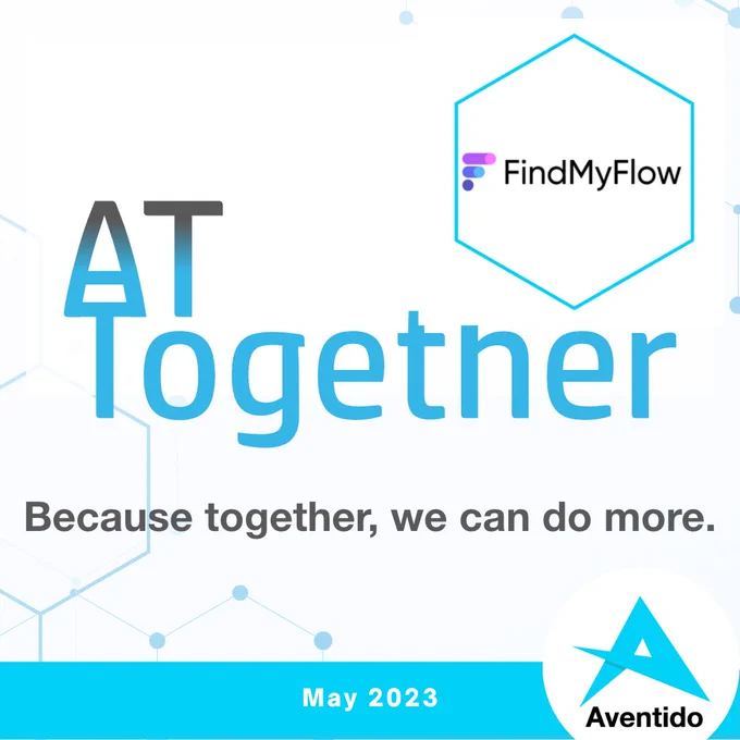 AT Together blue logo and the FindMyFlow logo. Text saying Because together we can do more. Aventido logo at the bottom
