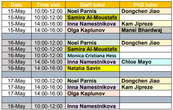 Screenshot of a timetable for Maths Cafe online this week with names of tutors and times
