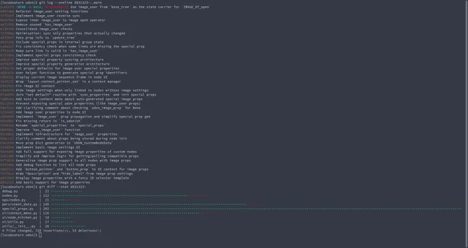 A screenshot of a git log, showing 41 separate commits, and 773 changed lines, over 9 different files.