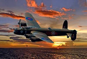 A painting of a Lancaster bomber against a setting sun