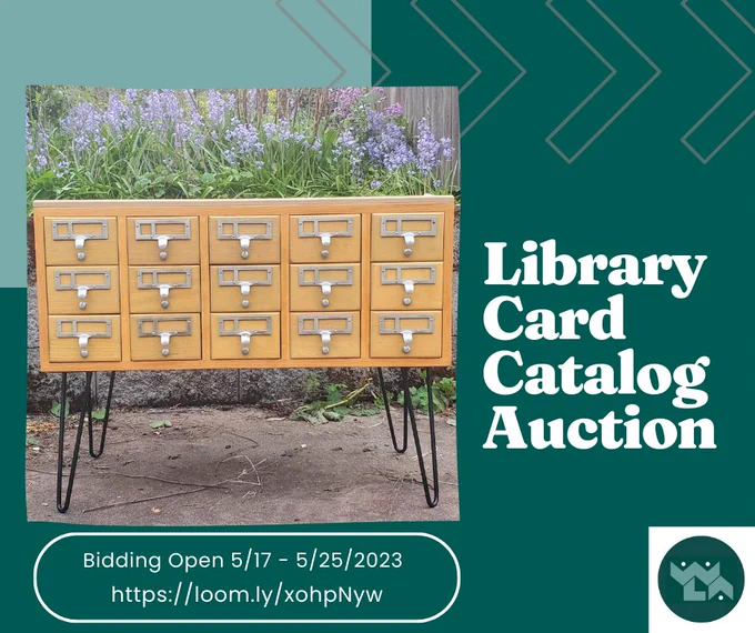 Graphic advertising the WLA Card Catalog Auction, featuring a photo of the midcentury card catalog converted to a table. Includes WLA logo and the bidding window 5/17-5/25/2023 and link to auction, https://loomly.ly/xohpNyw
