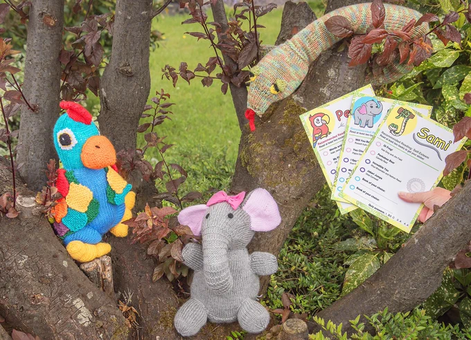 knitted parrot, elephant and snake