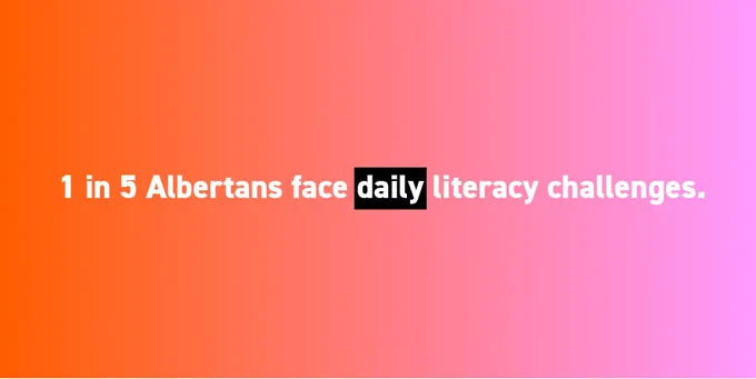 Text reads "1 in 5 Albertans face daily literacy challenges."