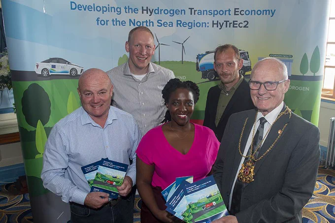 Speakers at the HyTrEc2 conference - Chris Games, Head of Application Engineering, Net Zero Project Manager, ULEMCo,
Freek Apperloo, Hydrogen Policy Advisor, Province of Drenthe,
Sandra Omondi- ACC Hydrogen team
Michel Doornbus, Fleet Manager, City of Groningen,
Aberdeen Lord Provost Dr David Cameron.
