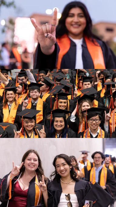 A three-part panel of students at commencement.
