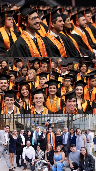 A three-part panel of students and families at commencement.