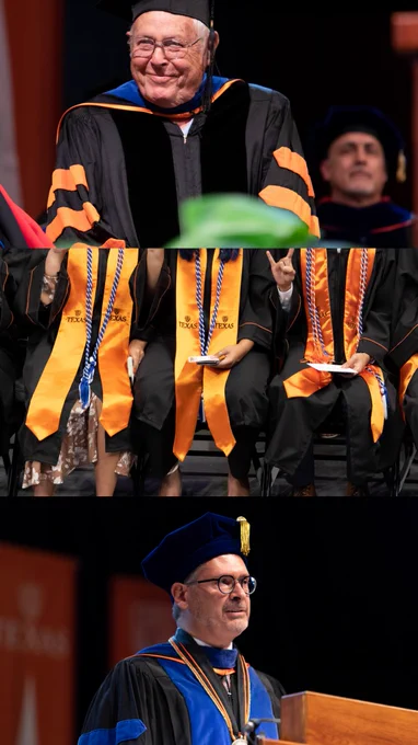 A three-part panel of our dean and an honored guest at commencement. In the middle is a cropped image of students at commencement. 