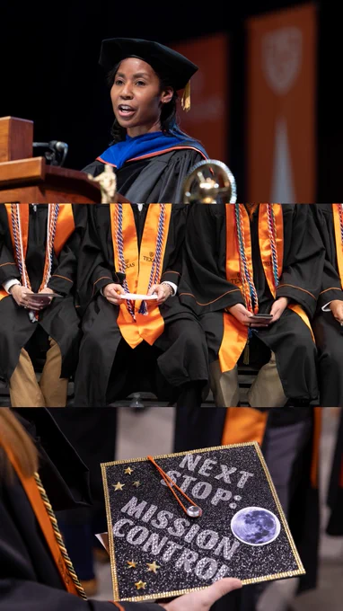 A three-part panel of our commencement speaker. In the middle is a cropped image of students at commencement. At the bottom is a graduation cap with the words "Next Stop: Mission Control" on it with a moon on the cap as well.