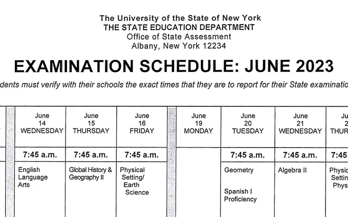 Screenshot of exam calendar (all content listed below)